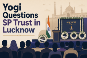 Illustration for Yogi Adityanath questioning SP political trust at a Lucknow memorial event