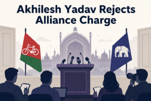Illustration for Akhilesh Yadav Lucknow presser rejecting Mayawati alliance betrayal charge
