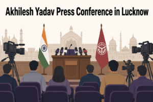 Illustration for Akhilesh Yadav Lucknow Press Conference on women's safety and Hathras