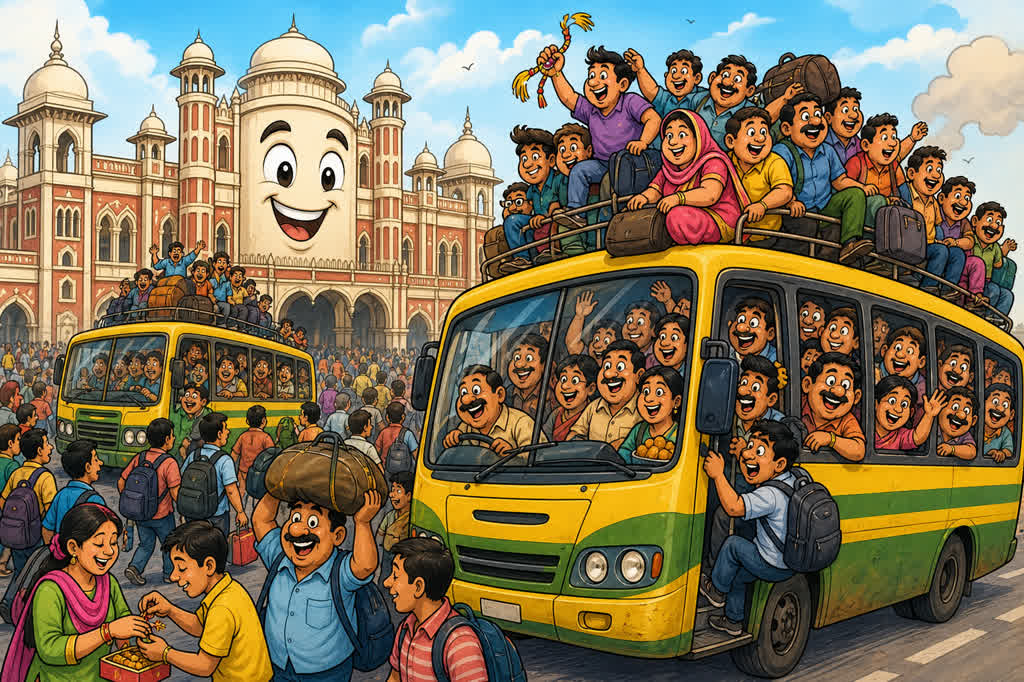 Caricature illustration of Lucknow Raksha Bandhan bus rush at Charbagh