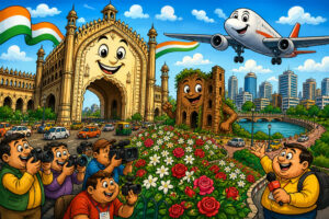 Caricature illustration of Lucknow landmarks during a three-day city visit