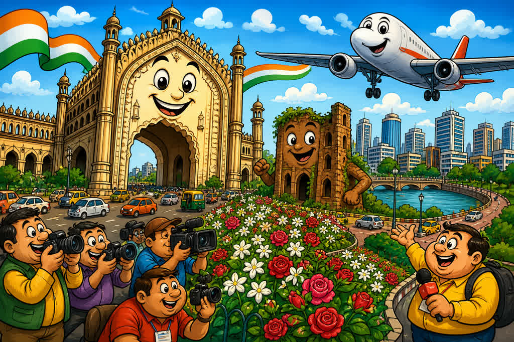 Caricature illustration of Lucknow landmarks during a three-day city visit