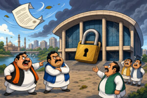 Caricature illustration of a locked Lucknow convention centre at the centre of a lease row
