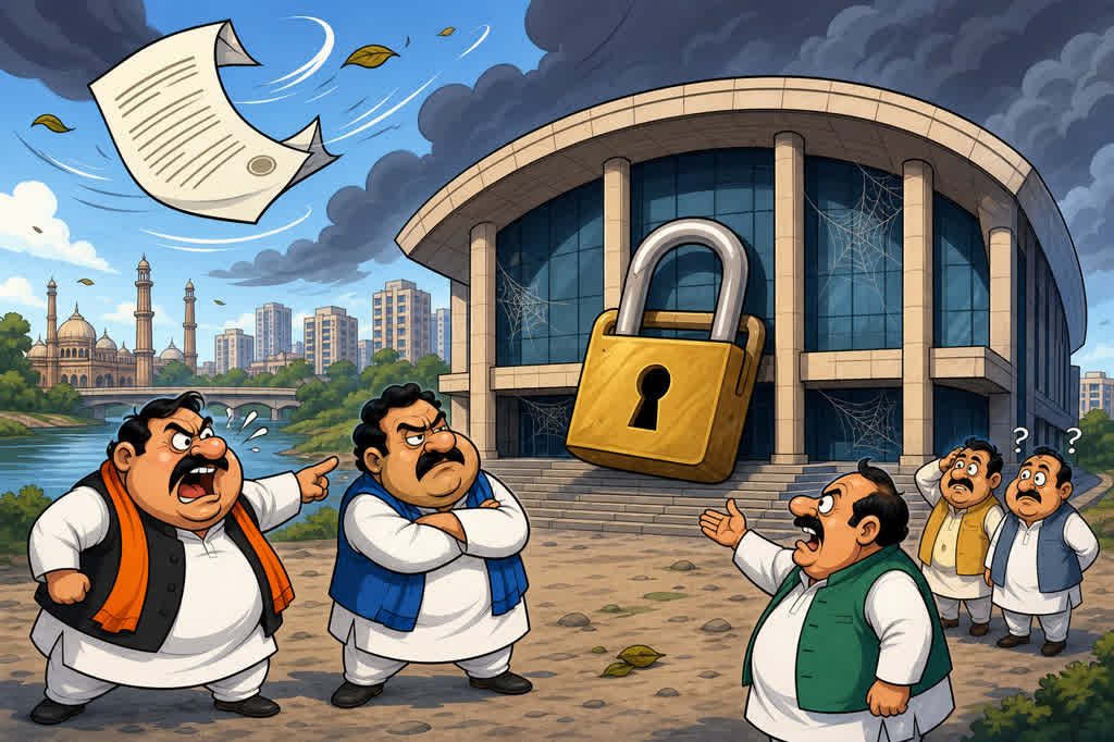 Caricature illustration of a locked Lucknow convention centre at the centre of a lease row