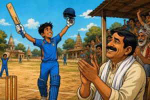 Caricature of a teenage cricketer celebrating an India U-19 call-up with his father watching