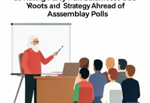 Illustration for BJP org rejig: BJP Org Rejig: Lucknow Gears Up as Ruling Party Balances RSS Roots and Youth Strategy Ahead of Assembly Polls
