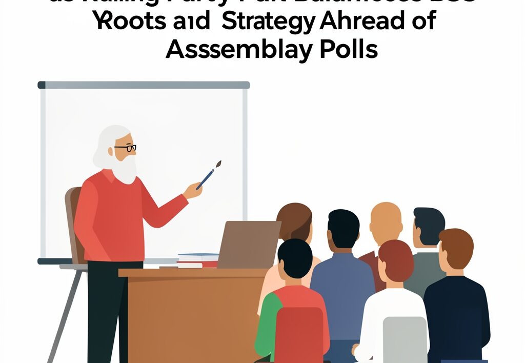 Illustration for BJP org rejig: BJP Org Rejig: Lucknow Gears Up as Ruling Party Balances RSS Roots and Youth Strategy Ahead of Assembly Polls