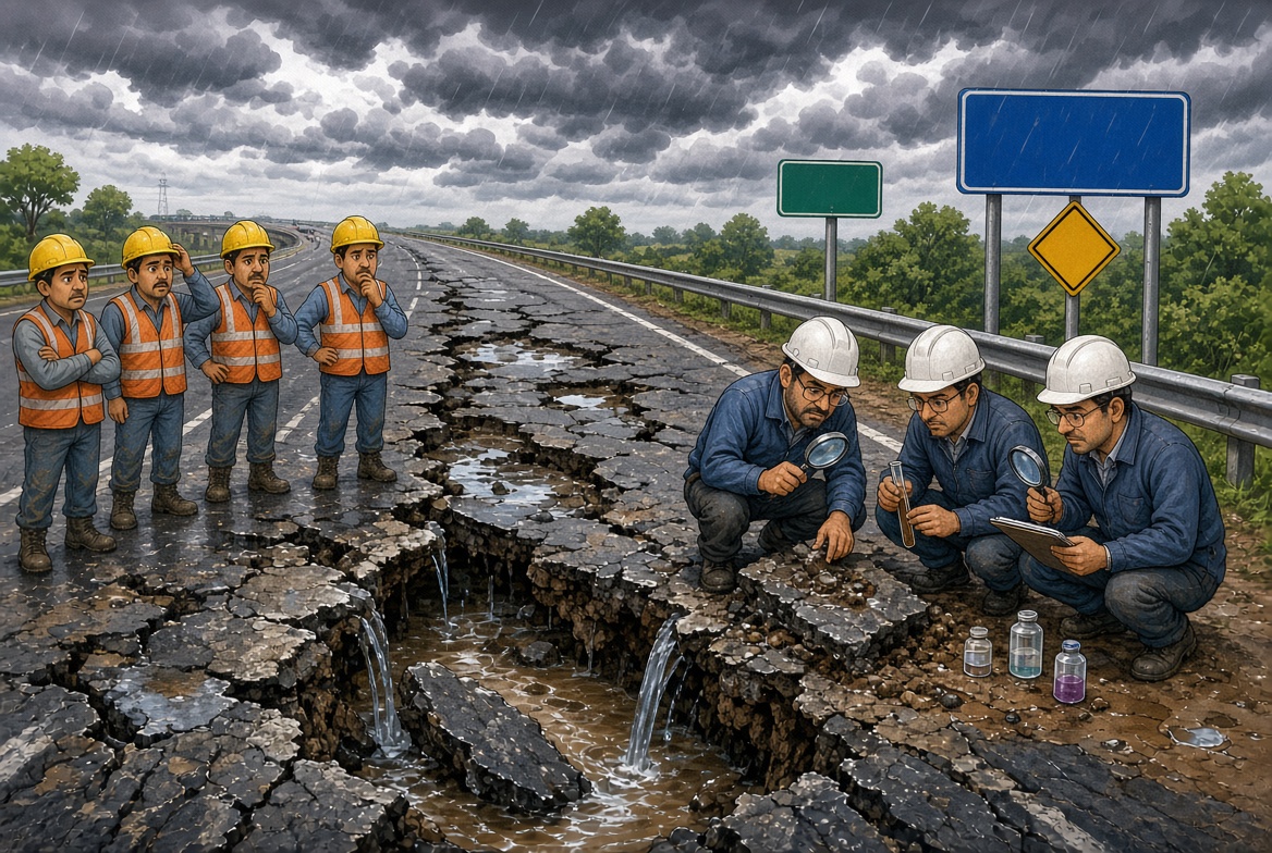 Caricature illustration of cracked Lucknow-Kanpur Expressway under investigation by experts during monsoon