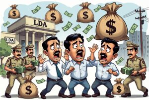 Caricature illustration of LDA officials arrested in bribery trap in Lucknow