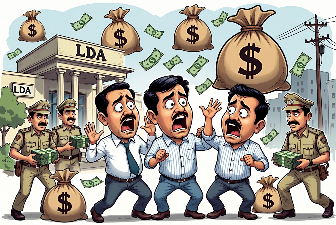 Caricature illustration of LDA officials arrested in bribery trap in Lucknow