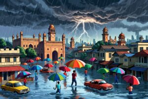 Caricature illustration of Lucknow under heavy monsoon rain with flooded streets and people holding umbrellas