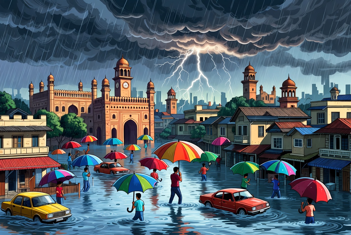 Caricature illustration of Lucknow under heavy monsoon rain with flooded streets and people holding umbrellas