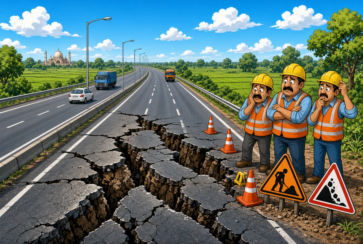 Caricature of defects on Lucknow-Kanpur Expressway with concerned workers
