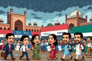 Caricature of job fair scene in Lucknow with landmarks under monsoon rain