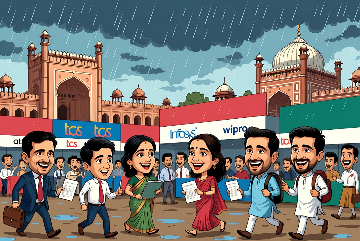 Caricature of job fair scene in Lucknow with landmarks under monsoon rain