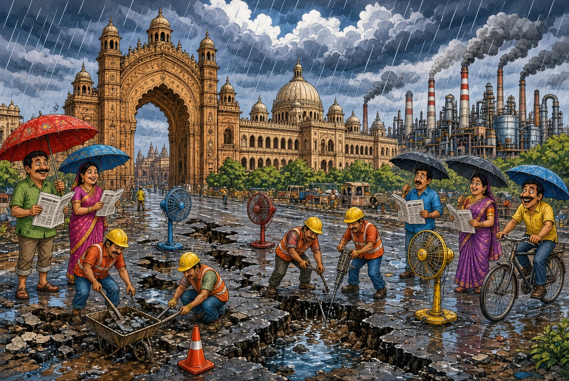 Caricature of Lucknow showing Rumi Darwaza, monsoon rain, expressway repairs and industrial development
