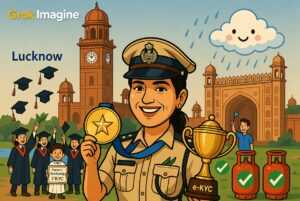 Caricature of UP Police SI Asmita Dey with gold medal, Lucknow University tower, graduating students, and LPG cylinders celebrating Lucknow’s top stories