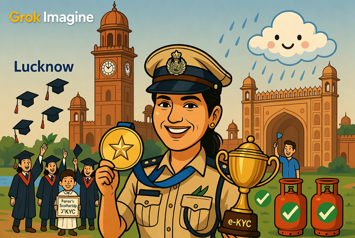 Caricature of UP Police SI Asmita Dey with gold medal, Lucknow University tower, graduating students, and LPG cylinders celebrating Lucknow’s top stories