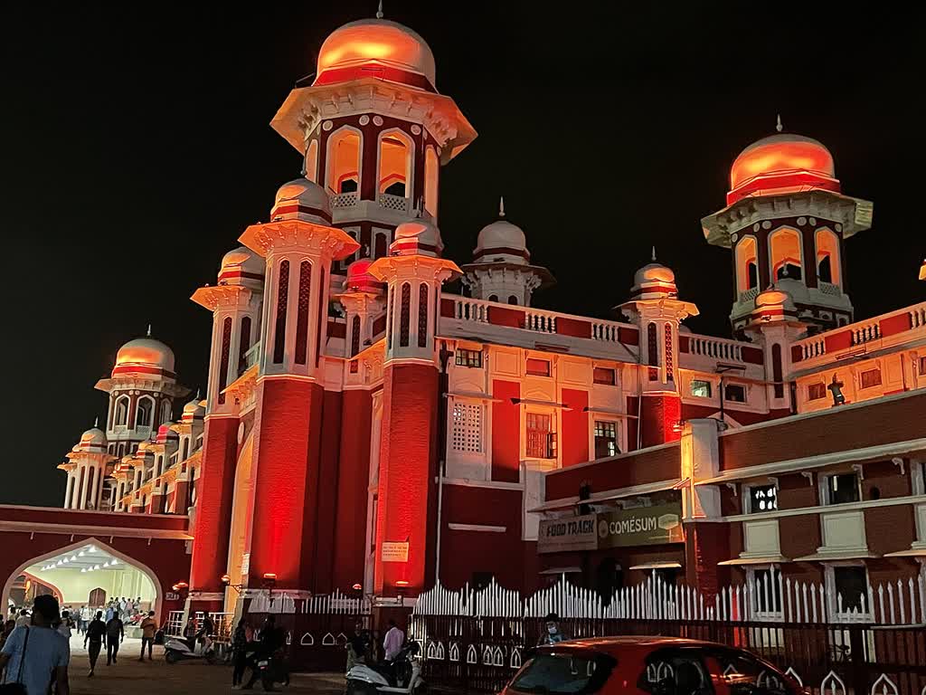 Indo-Saracenic facade and garden of Lucknow Charbagh railway station