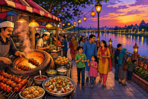 Caricature of Food Valley street-food stalls on Lucknow's Gomti riverfront