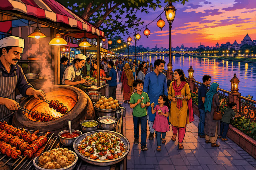 Caricature of Food Valley street-food stalls on Lucknow's Gomti riverfront