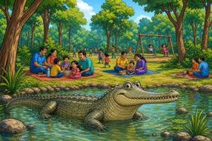 Caricature of Kukrail picnic lawns and the gharial centre in Lucknow