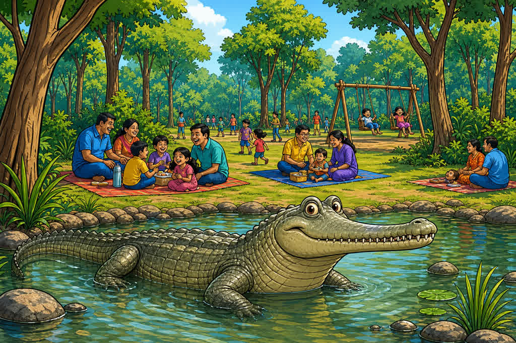 Caricature of Kukrail picnic lawns and the gharial centre in Lucknow