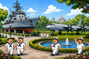 Caricature of Nausena Shaurya Vatika with a naval ship and aircraft on display