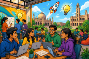 Caricature of young entrepreneurs working in a Lucknow startup incubator