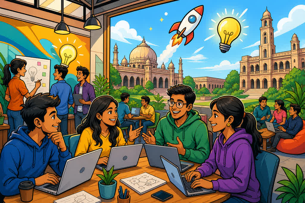 Caricature of young entrepreneurs working in a Lucknow startup incubator