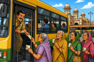 Caricature of senior women boarding a Lucknow UPSRTC bus with identity cards