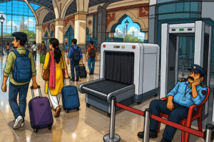 Caricature of unused X-ray scanners at Gomti Nagar railway station