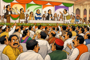 Caricature of a packed Lucknow political convention hall