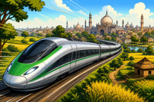Caricature of a high-speed train heading toward Lucknow