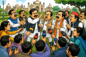 Caricature of a Lucknow political press huddle with reporters and microphones