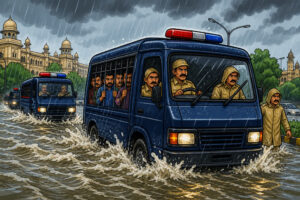 Caricature of police vans transferring prisoners on a flooded Lucknow road
