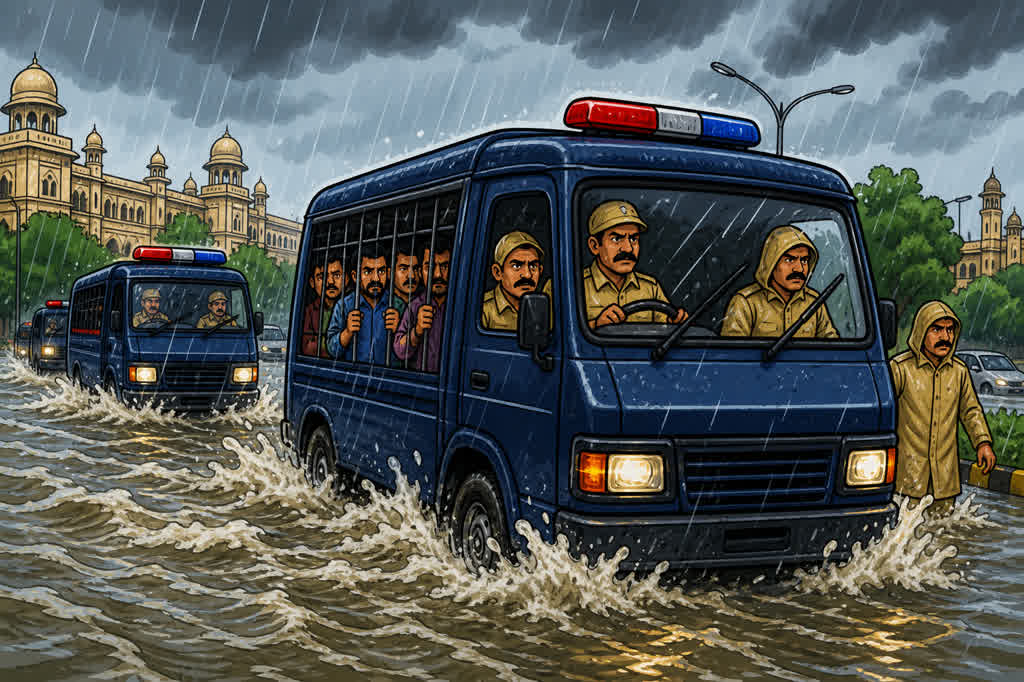 Caricature of police vans transferring prisoners on a flooded Lucknow road