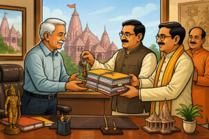 Caricature of an Ayodhya temple office handover with keys and files
