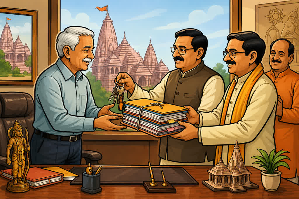 Caricature of an Ayodhya temple office handover with keys and files