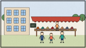Newspaper editorial cartoon of a Sunday farmers market stall with produce baskets at Habibullah Estate Hazratganj