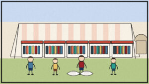 Newspaper editorial cartoon of book stalls and readers at Lucknow University Ground during Gomti Book Festival
