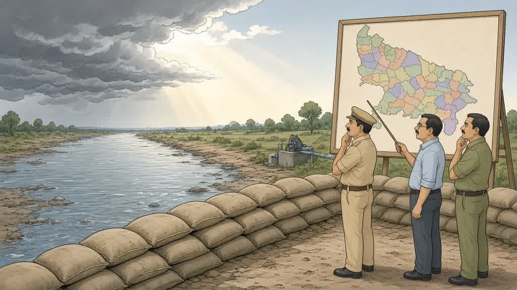 Newspaper cartoon of UP flood control with sandbags and officials reviewing a map