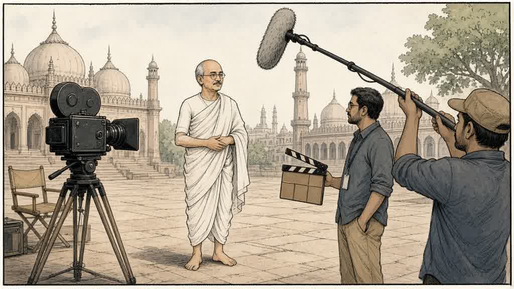 Newspaper cartoon of a Lucknow film shoot with cameras and an actor in Gandhi attire