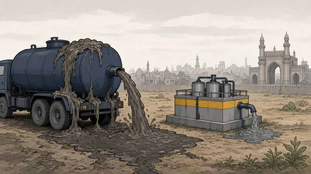 Editorial cartoon of Lucknow faecal sludge treatment gap with overflowing tanker and small plant