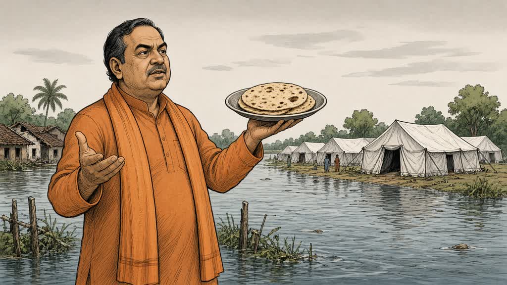 Editorial cartoon of CM Yogi Adityanath with dry bread plate amid flood relief tents in Chitrakoot