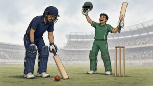 Editorial cartoon of Lucknow Falcons defeat in UP T20 final as opposing batsman celebrates century
