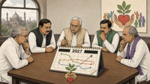 BJP leaders reviewing a 2027 Seva Sankalp plan
