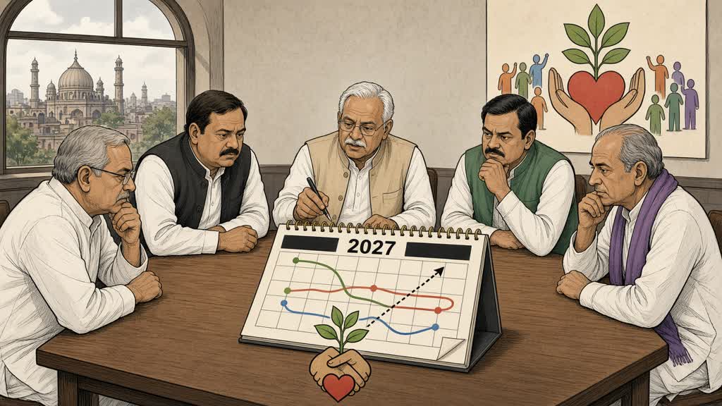 BJP leaders reviewing a 2027 Seva Sankalp plan