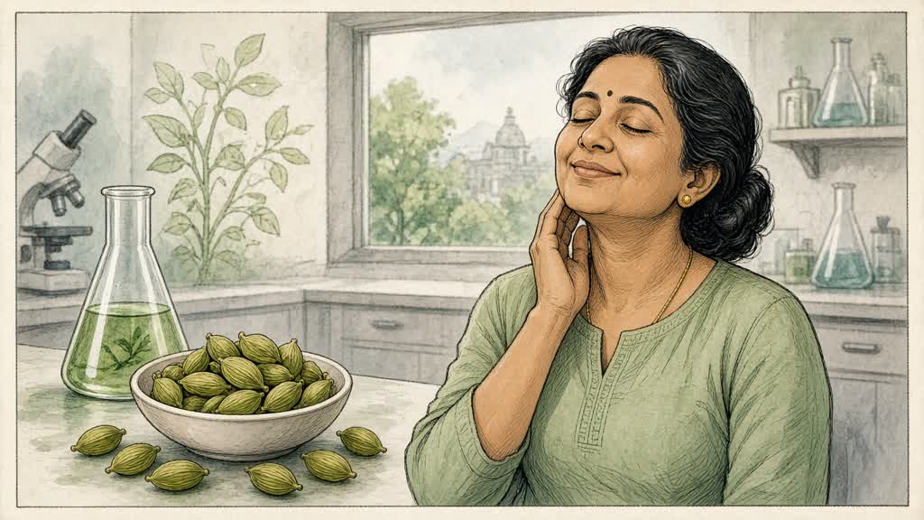 Woman examining cardamom pods in a laboratory