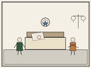 Editorial cartoon of election complaint document presented at official desk